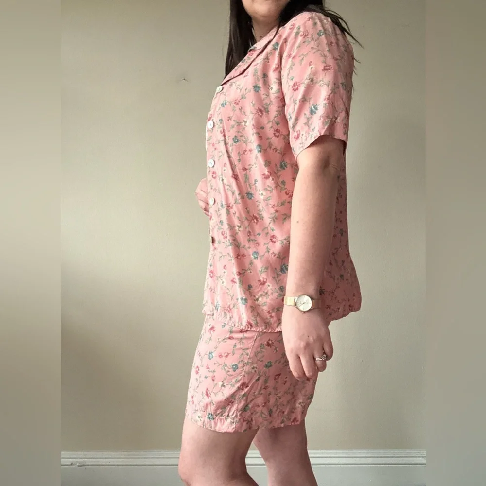 Vintage Pink Floral Top & Drawstring Shorts Set